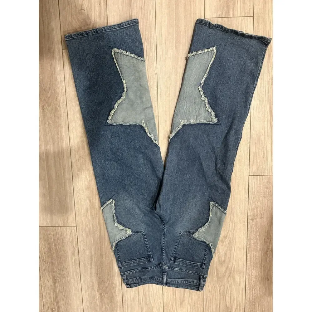 Hot Topic Star Patchwork Wide Leg Blue Denim Jeans Skate Alt Y2K Retro size 5
